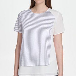 NEW DKNY Women Chiffon Top Blue Stripe White